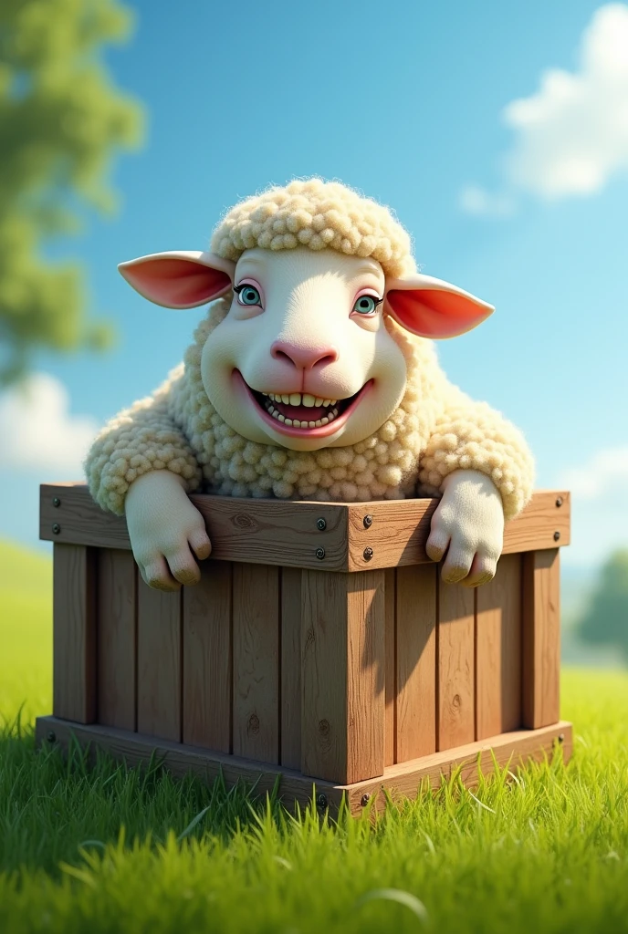 a sheep in a wooden box, huge smile, big teeth, over green grass, blue sky