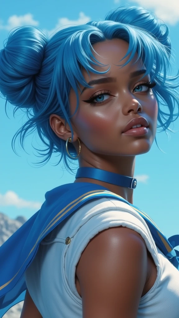Sailor Mercury with blue hair and a blue cape on her head, (dark ebony skin:1.4), artgerm jsc, portrait knights of zodiac girl, extremely detailed artgerm, ross tran 8 k, in the style of ross tran, artgerm julie bell beeple, by Ross Tran, ross tran style, alena aenami and artgerm, inspired by Ross Tran, high quality, (RAW photo, best quality), (realistic, photorealistic: 1.4), (extremely delicate and beautiful: 1.4), amazing, fine details, masterpiece, ultra detailed, high resolution, best illustration, best shadow, intricate, ( extremely intricate: 1.2), (exquisitely detailed skin), cinematic light, perfect anatomy, (cool color: 1.4), sharp focus, 8k UHD, DSLR, (Fujifilm XT3),(dark ebony skin:1.4),( iluminación cinematográfica :1.4), ,(Fondo de ruinas de mazmorra en ruinas:1.4 ),( pose americano :1.4), (Sailor Mercury :1.4), (un uniforme con falda de color azul y moños celestes:1.4) .(85mm F/1.4), (distintas extensiones de rostro :1.4), (hermosa mujer belleza una diosa de la naturaleza :1.4), Epic Fantasy Art Style HD, 4K fantasy art, epic fantasy digital art style, epic fantasy art style, Fantasy Woman, epic fantasy art portrait, Epic fantasy style, hyperrealistic fantasy art, hd fantasy art, Epic fantasy character art, epic fantasy art, in style of dark fantasy art, epic fantasy digital art