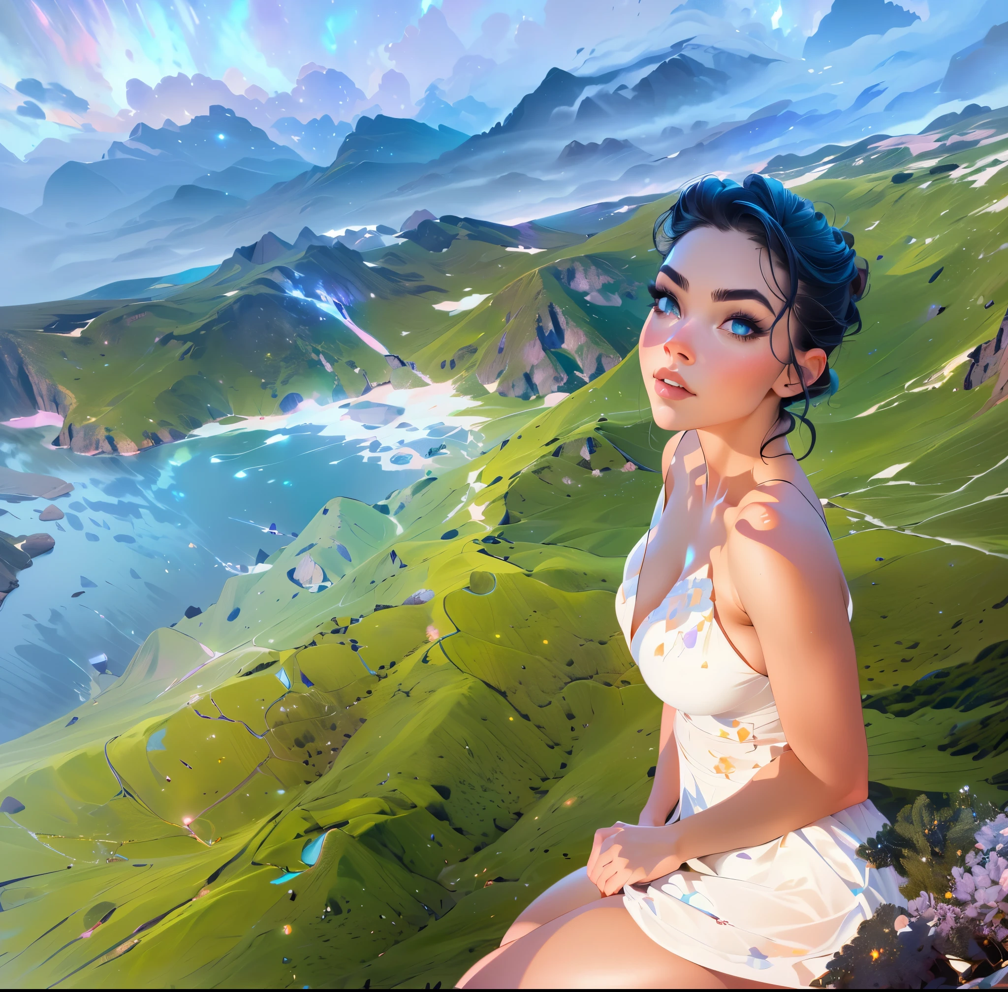 (masterpiece, best quality, highres, high resolution:1.2), extremely detailed, realistic, intricate details, 1girl, solo, looking at viewer, (abstract art:1.3), (dark theme:1.2), art, stylized, deep shadow, dark theme, cosmic nebula galaxies dress, cosmic beauty, in space, nebula, (cinematic lighting, bloom, volumetric),