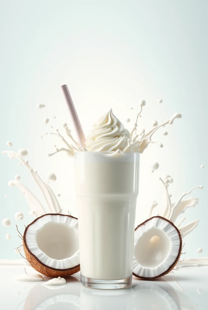COCONUT SHAKE, 8K, VECTOR, WHITE COLOR, PLAIN BACKGROUND, DYNAMIC, ADVERTISEMENT USE, MOTION