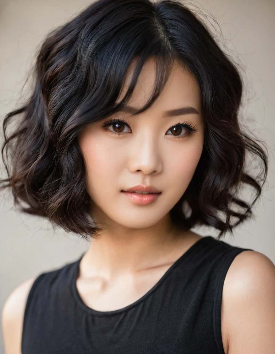 Girl,Asian,short wavy hair,black hair,brown eyes