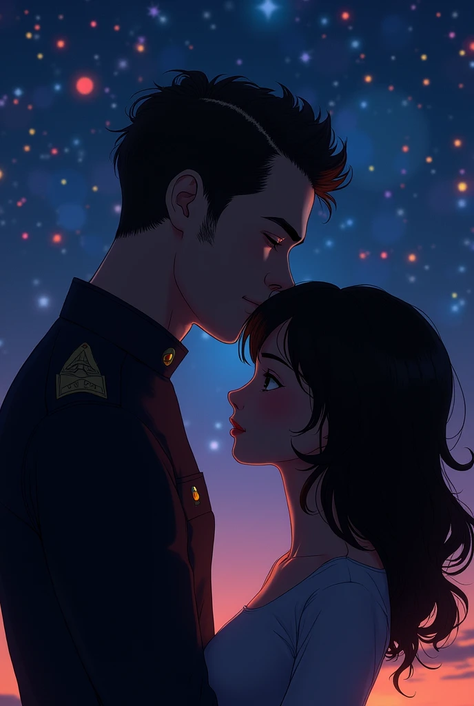 Imagine the silhouette of a couple hugging each other tenderly, the man kisses her forehead, He has very little hair, clear and curly hairline at temple, military court. She is a dark-haired brunette. The background many colorful stars. A message in Spanish that says: "good night, love. I miss you a lot"