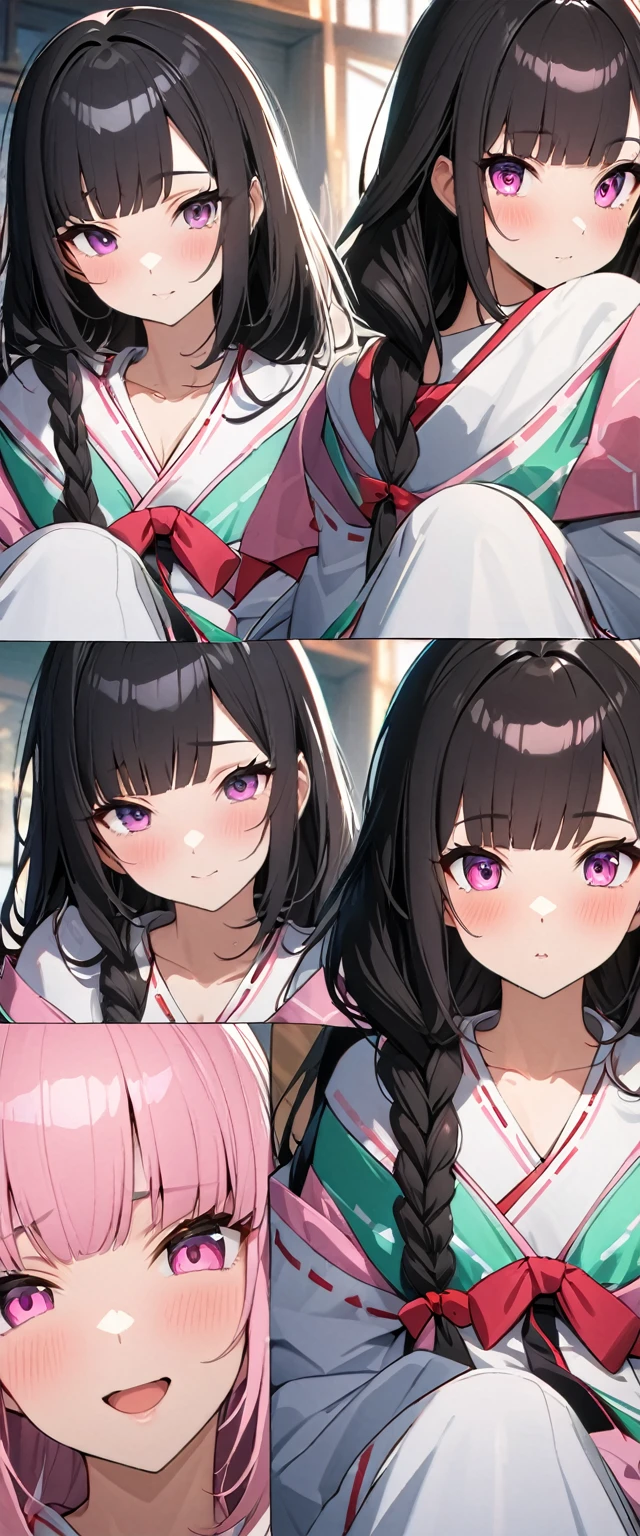 (Perfect Anatomy)、Mastepiece、Ultra High Quality、 8k、masterpiece、Highest quality、Ultra-high resolution、Maximum resolution、Very detailed、Professional Lighting、anime、Adult female、thin、so beautiful、Highly detailed eye、Highly detailed face、Black Hair,、Pink eyes, , Braiding、Straight bangs、Miko costume、Shrine maiden costume、Shrine maiden costume、Random Pause、Shrine maiden's head ornament、Kamiru bell、Purification rod、marijuana