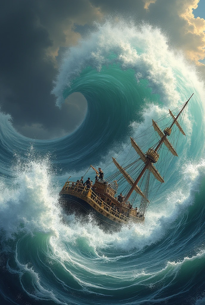 Edo Period　A ship being engulfed by a big wave and sinking　Ten Korean merchants thrown out into the rough seas　At a powerful angle
