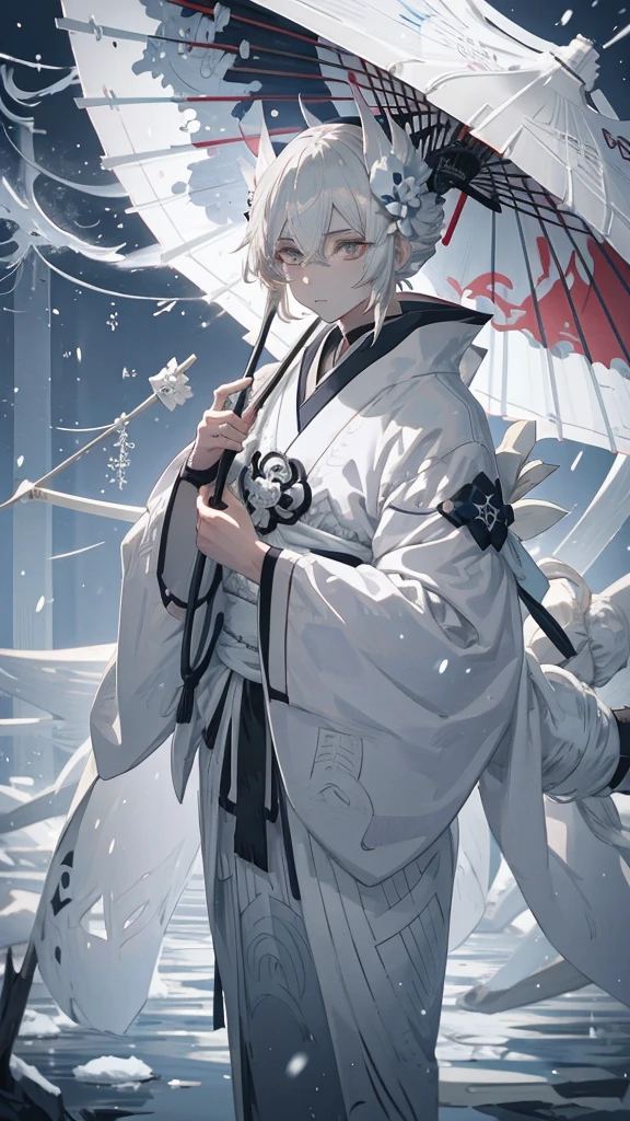 White-haired anime character holding a white umbrella in the snow, Gray-haired deity, Onmyoji portrait, Gray-haired, onmyoji, Gray-haired, White fox, Handsome Japanese Devil Boy, In kimono, The Detailed Art of the Onmyoji, Inspired by Sukenori Nishikawa, of long white hair, White Fox Anime, Beautiful male grim reaper