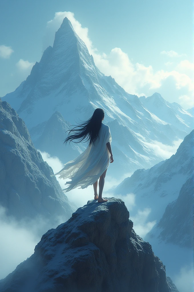 Imagine a woman with black hair on a mountain