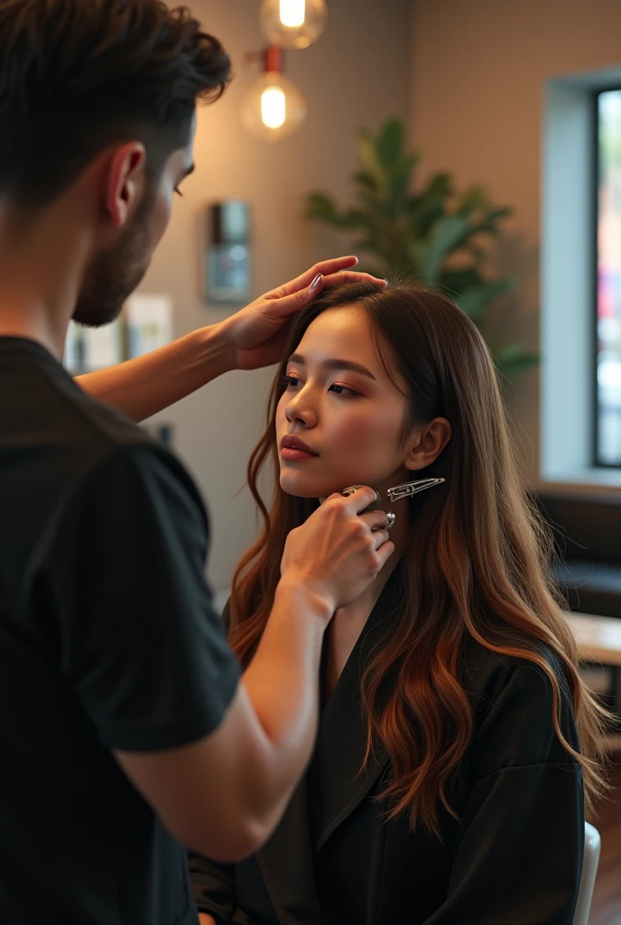 Make a picture of a salon girl where a man dyes her hair.
Age range 25 to 30 years.