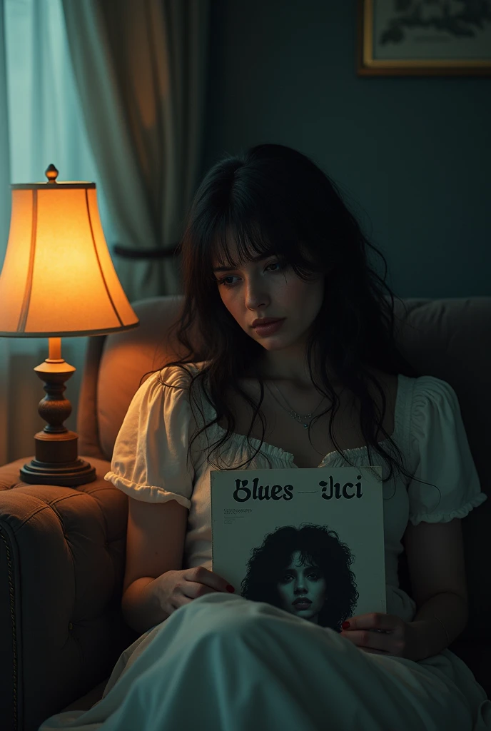 I want a beautiful woman sitting on the couch, She is sad next to the lamp crying and next to her there is a vinyl record with the cover saying Blues Tici, I want Blues Tici to be very visible.