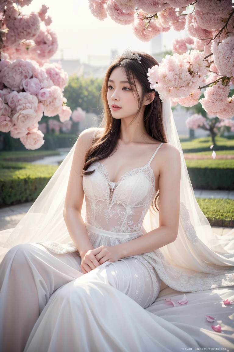 (best quality,high resolution,ultra-detailed),1 Girl,Asian Girls,White Wedding Dress,(Between the petals),Fantasy style,Soft Light,detailed,Dreamy colors,Elegant Posture