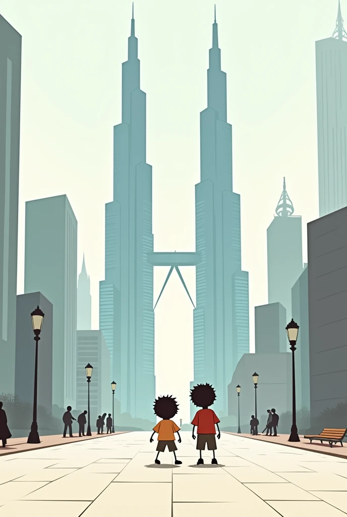 Create a stick figure picture of two little boys walking around the Twin Towers Plaza