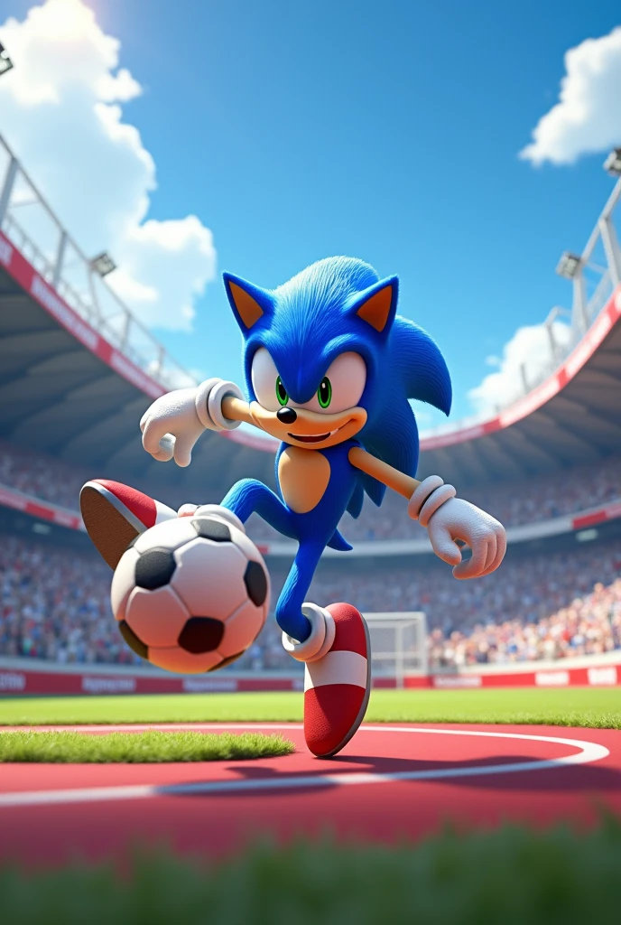CREATE A HAPPY 3D SONIC KICKING A SOCCER BALL WITH A SOCCER STADIUM BACKGROUND AND A 1 MT X 1 MT ATHLETIC TRACK AND ON TOP AS THE TITLE TEAM SONIC EIGHTH YEAR IN SPANISH