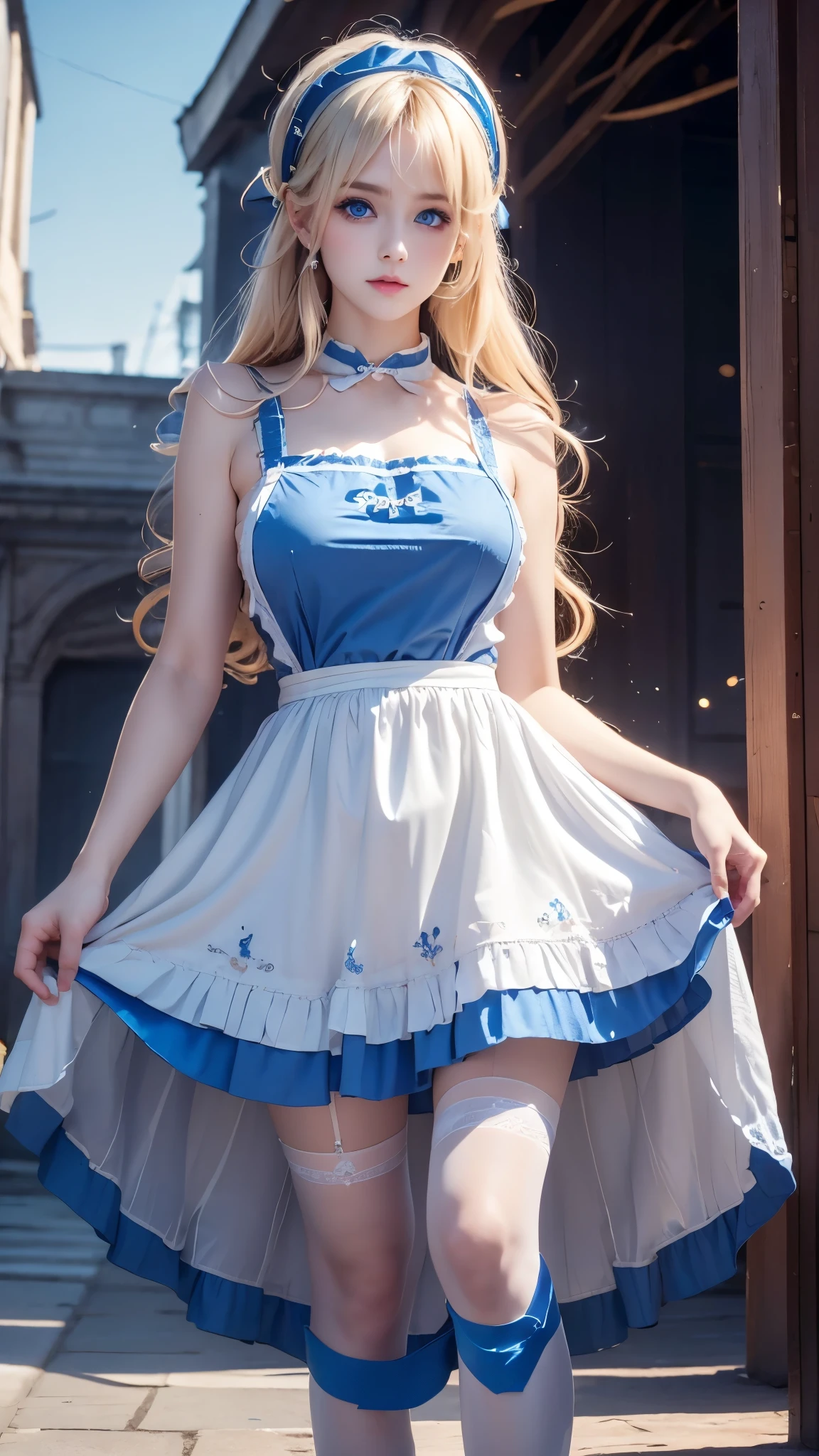1girl, solo,blue eyes, blue dress, white pantyhose, apron, black hairband, blonde , ,zPDXL3,SimplePositiveXLv2, detail1eye, looking at viewer