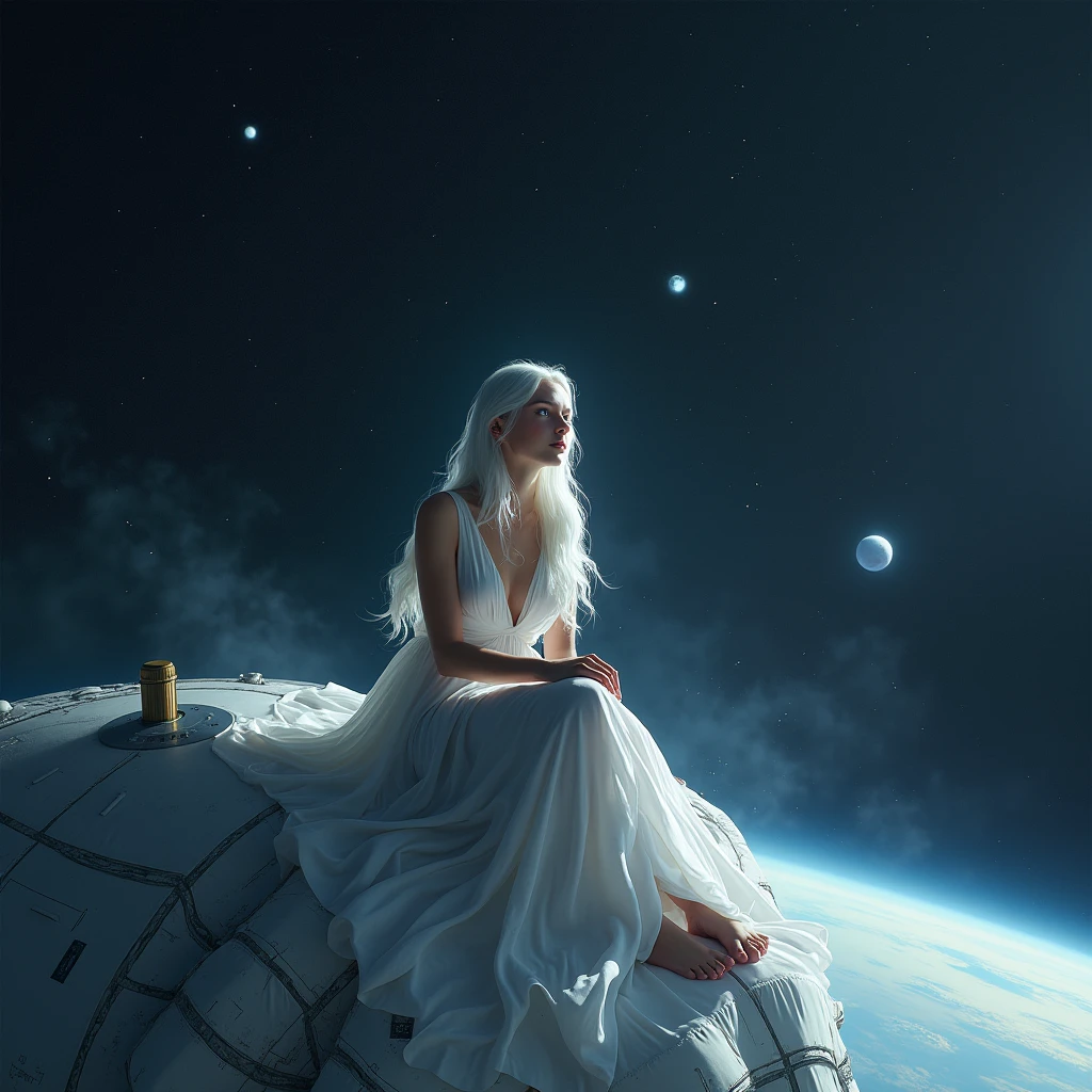 A woman with long white wavy hair,she will be sitting on a satellite and wearing a very long white dress,I want the image to show from far away and it will be in space