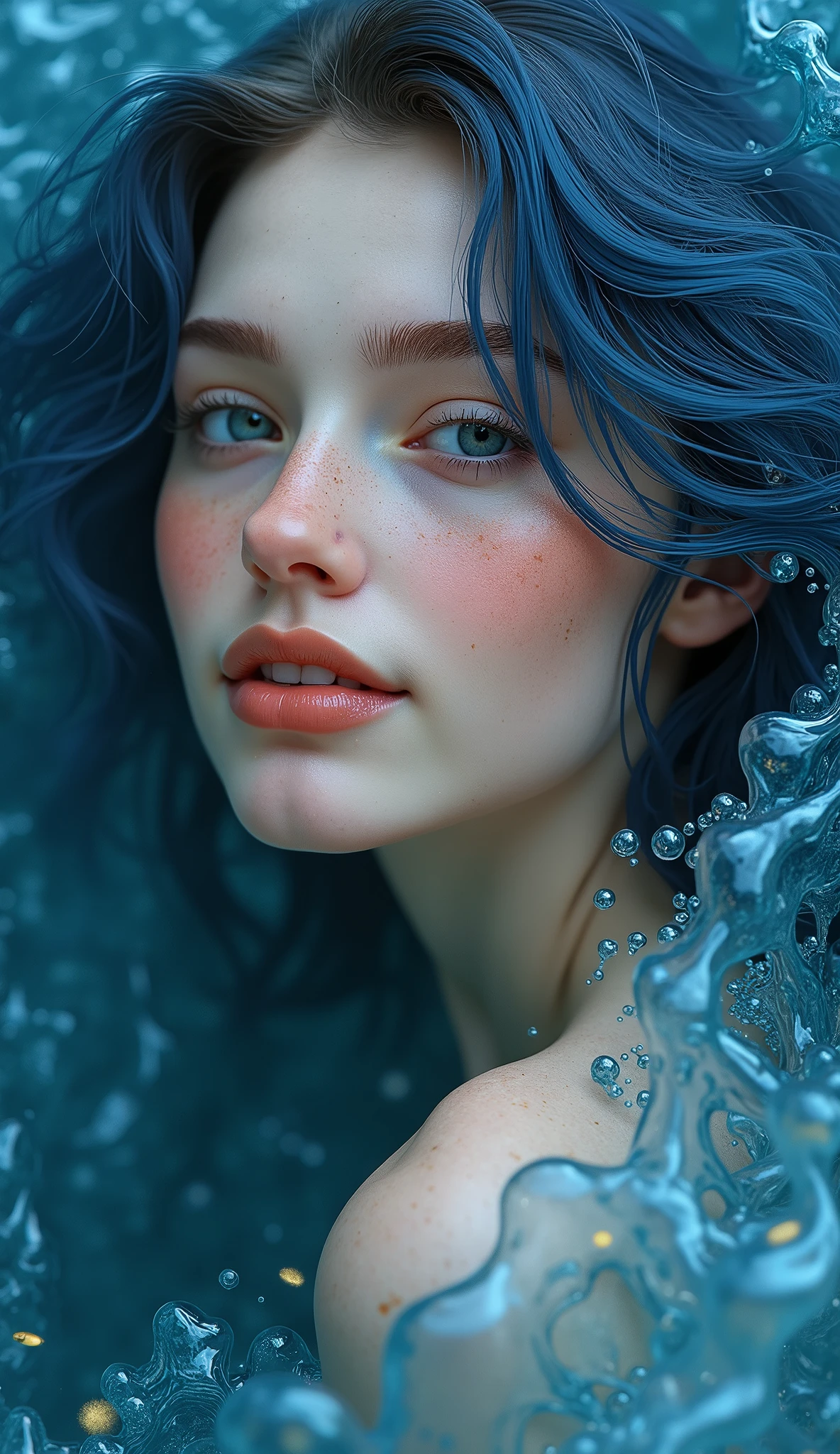 Frontal portrait of a whimsical and white, sensually smiling woman with a light, porcelain-like complexion who resembles a siren. Youthful features, wide-open black-green eyes and delicate freckles on her nose and cheeks. Her half face and flowing blue-purple hair are surrounded by an ornate, bubbly water-like pattern that resembles delicate lace or a network of shimmering foam bubbles. The pattern should be in shades of navy blue and the water should blend seamlessly with the skin or appear as a natural extension of the woman's body. The woman's facial features should be symmetrical and well-defined with a calm and serene expression. The image should combine elements of nature with human features to create an artistic and surreal portrait. Clothing or visible body parts resemble coarse linen of bright colors. Gold particles float in the air, glittering in the light of the evening sun. Overall effect: a calm and unworldly being in quiet contemplation.