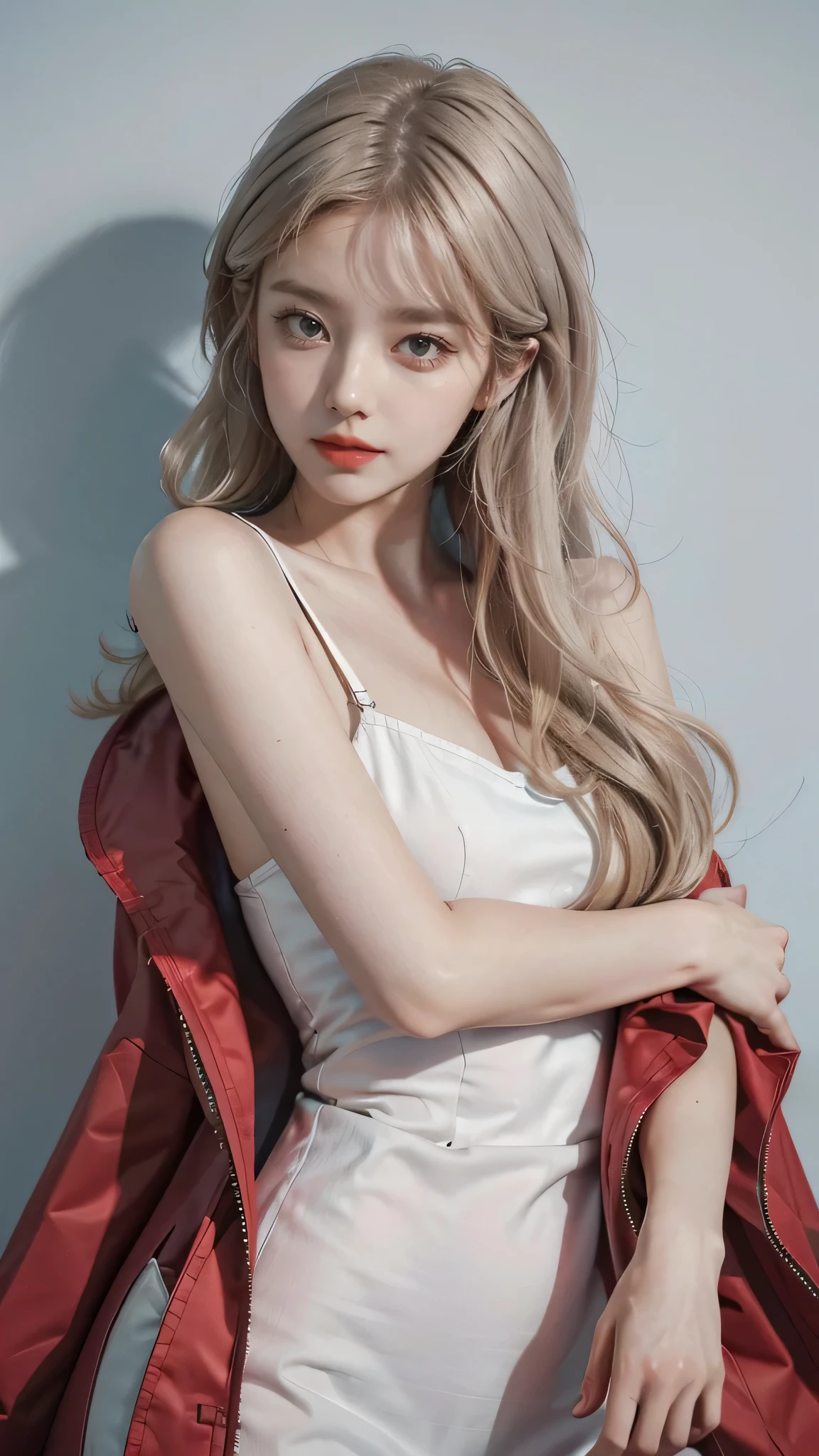 Girl wearing, luxury cyan coat, shoulder length hair, wavy hair, glowing skin, star in eye, red lips, grey background, cute poses , upper body, light blonde hair.