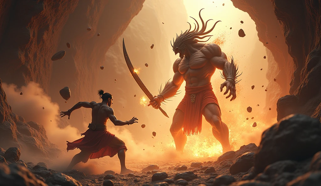 In 3D animation style:The cave walls shaking violently as Arjun defeats the demon. Rocks fall from the ceiling, and dust fills the air.