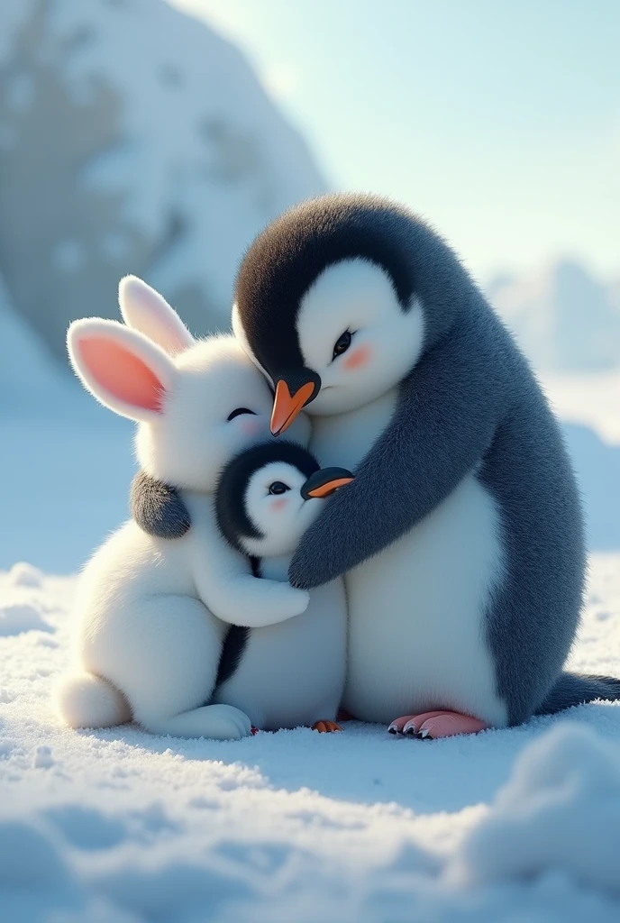 Mother penguin hug the white rabbit and small penguin in the snow ai image