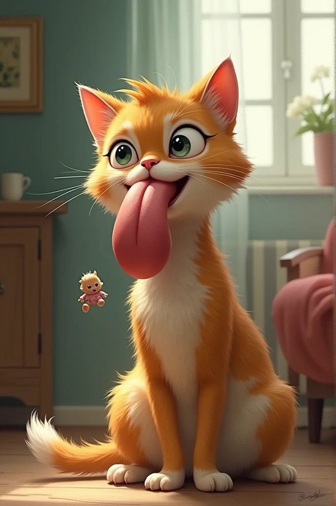 A cat with a kid sitting on the top of his tongue
