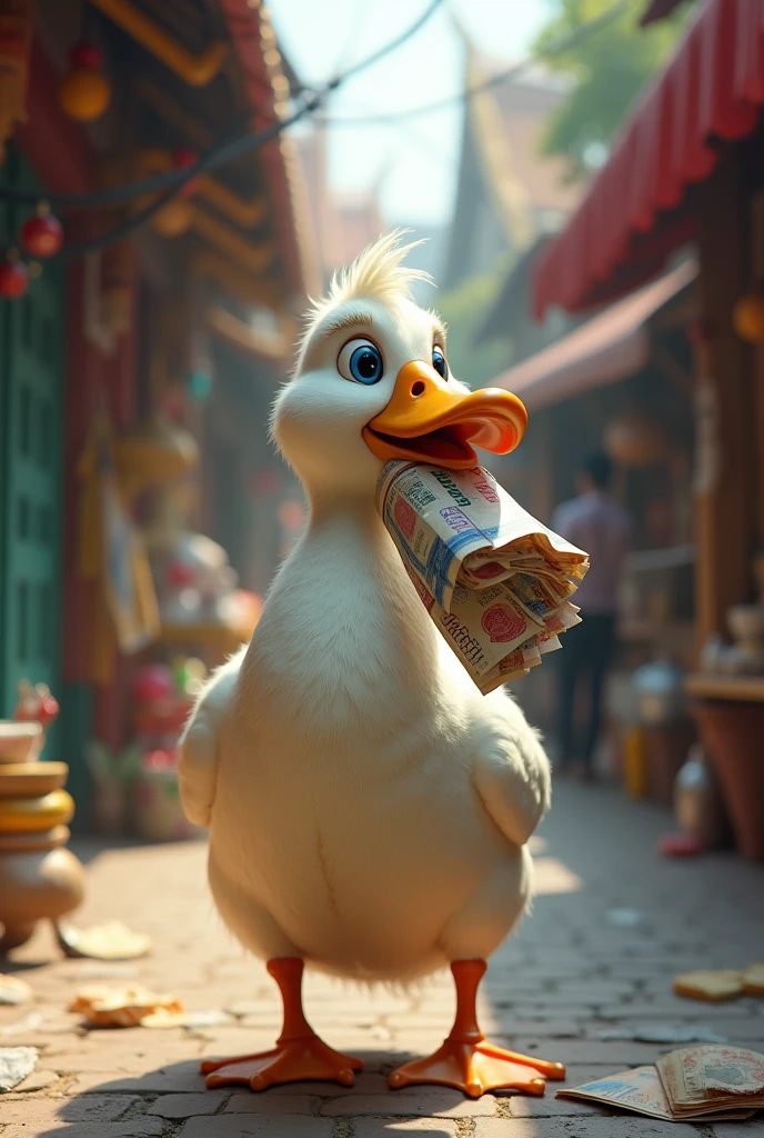Duck holding money in Thailand and the money is inflating
