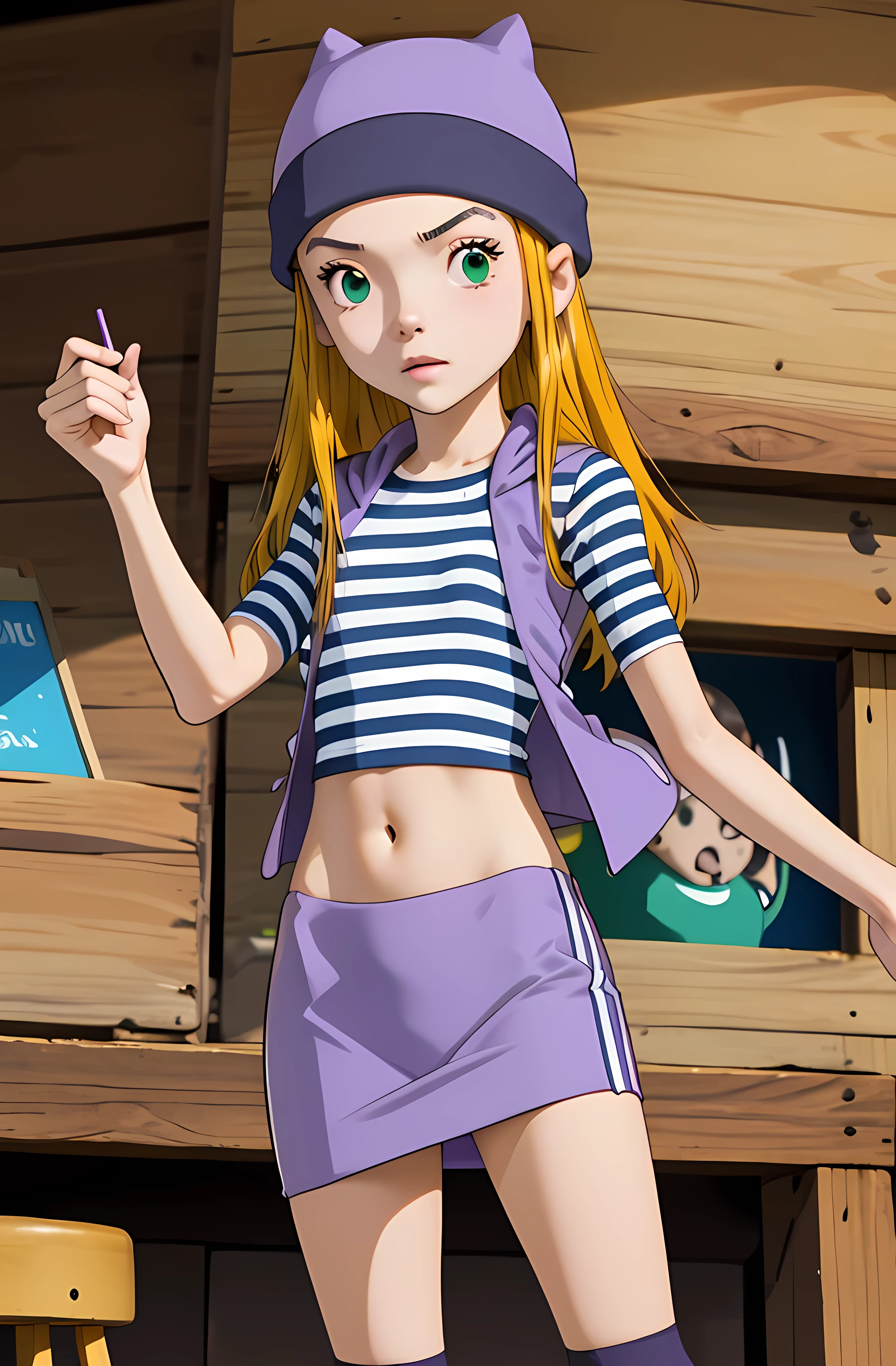 (masterpiece, best quality), 1girl, izumi Orimoto, perfect pretty face, green eyes, blonde hair, long hair, purple beanie, purple vest, purple miniskirt, blue white striped shirt, long purple socks, sneakers, purple vest, striped shirt, navel shirt, small breast