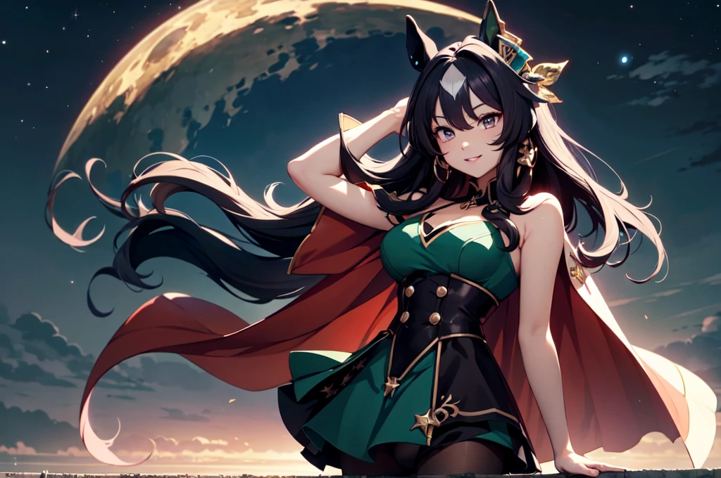 masterpiece、Highest Resolution、Highest quality、Highest quality、high quality anime、sharp、sharp効果、sharp塗り、sharp化、solo。Adult woman with horse ears。Dark green dress、Dark green shoulderless dress。Dark brown shorts、Dark brown pantyhose。Big Cape。Moonlit night starry sky background、breeze、Chest centered。Dark lipstick、Grinning face、Beautiful breasts、Touch your head with your hand。Brown Eyes。Brown Hair、Long Hair、Half Twin、Half Up。hair ornaments。