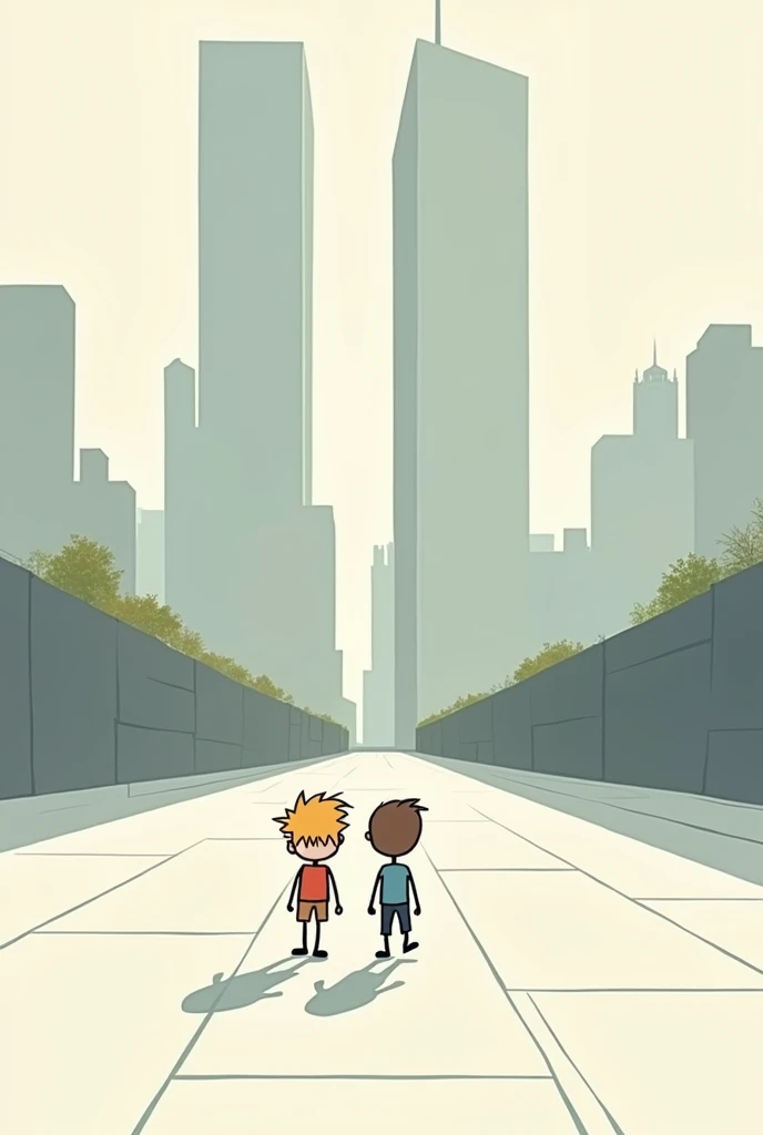 Create a stick figure picture of two little boys walking through the Twin Towers Plaza that are stick figures.