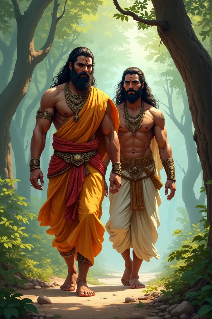 Lakshman: Illustrate him as vigilant and protective, following Ram closely and occasionally surveying the surroundings.