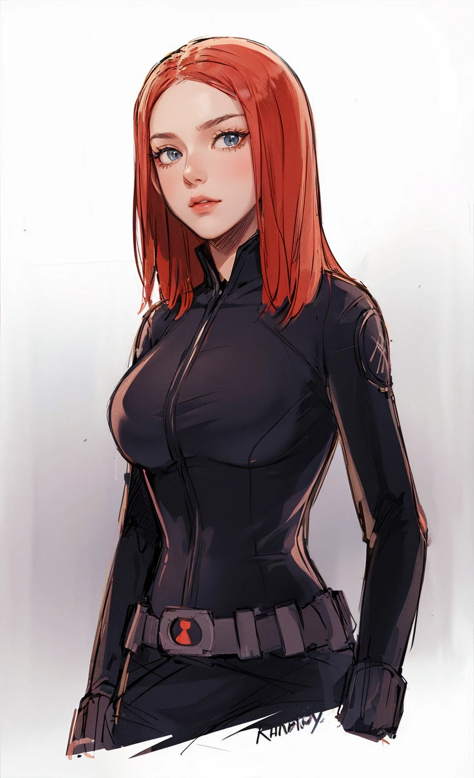 The image depicts Black Widow. She is illustrated with bright red, shoulder-length hair and blue eyes, and is clad in a sleek skin-tight shiny black latex bodysuit with a black silver zipper running down the front. The suit is complemented by her shiny iron wrist guard on both wrists and a metal belt with a buckle that features a red hourglass mark. Her gaze is intent and directed off-screen, implying alertness and focus on an unseen threat or target. She appears with a cute smile on her face. The atmosphere of the image conveys confidence and resilience, characteristics synonymous with the Black Widow persona. The background of the image is an off-white color, which creates a subdued and timeless ambiance.