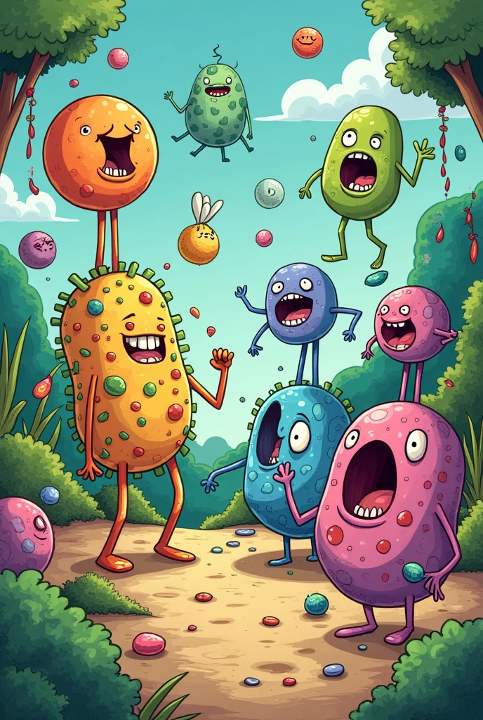 Make a satire cartoon, preferably where the irony related to the function is represented, structure or shape of cells. The cartoon must represent some cell: Prokaryote, Eukaryote, animal o vegetal.
Any of them or together
