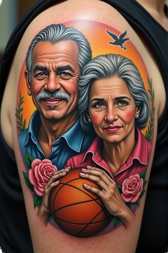 You can create a tattoo design of my grandparents. Their names are Jorge and Delia.,We are believers in God,My grandfather loves basketball and my grandmother loves roses.
