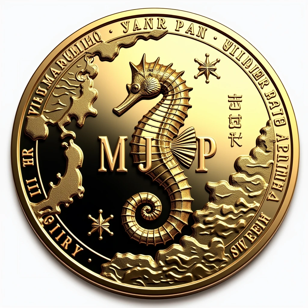 Coins will be made with the letters MJP in the center.. Seahorse design in the center. Money, high quality, A luxurious image. On the outside are maps of JAPAN and MARASHIMA..
No transparent background