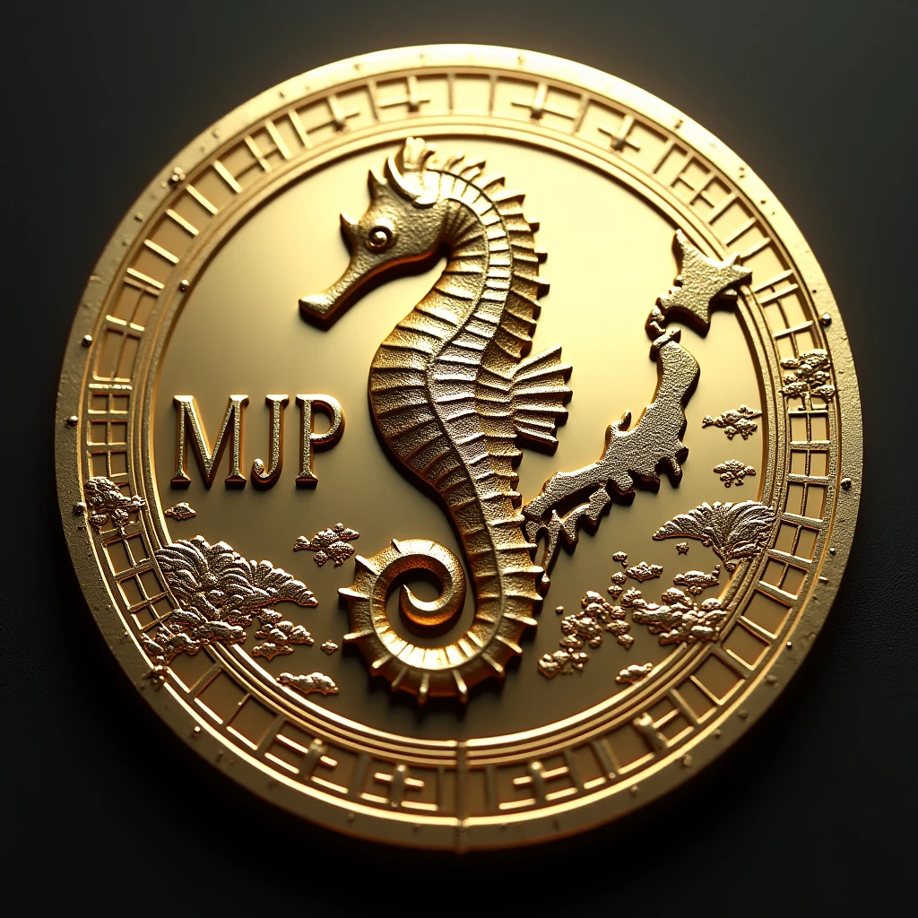 Coins will be made with the letters MJP in the center.. Seahorse design in the center. Money, high quality, A luxurious image. On the outside are maps of JAPAN and MARASHIMA..
No transparent background