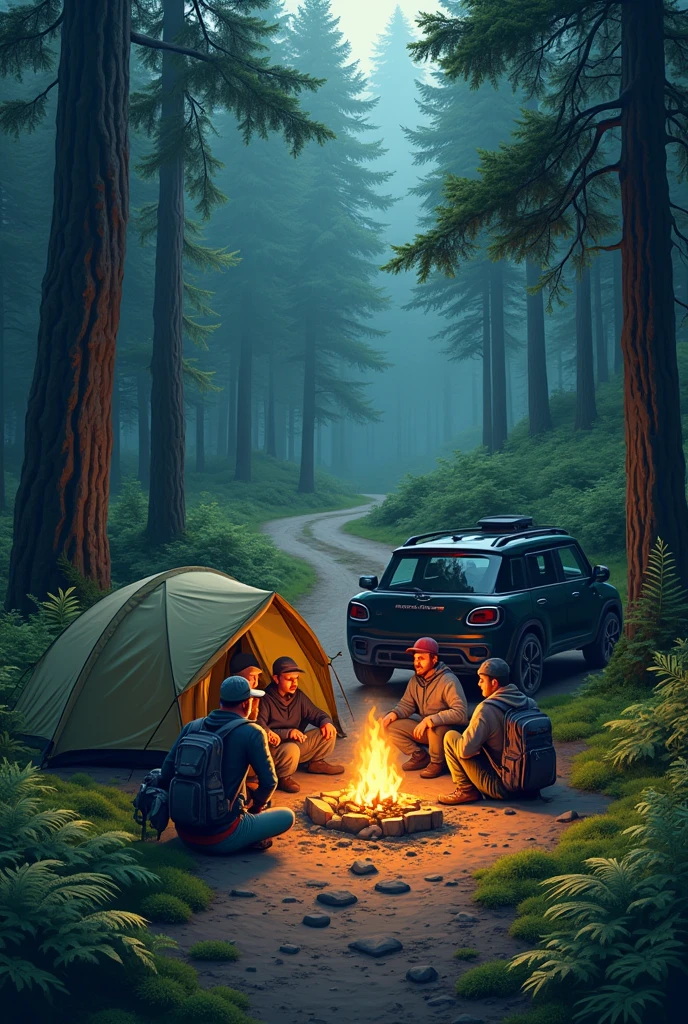 a forest, 8 men camping, 2 black cars right next to the road 2D