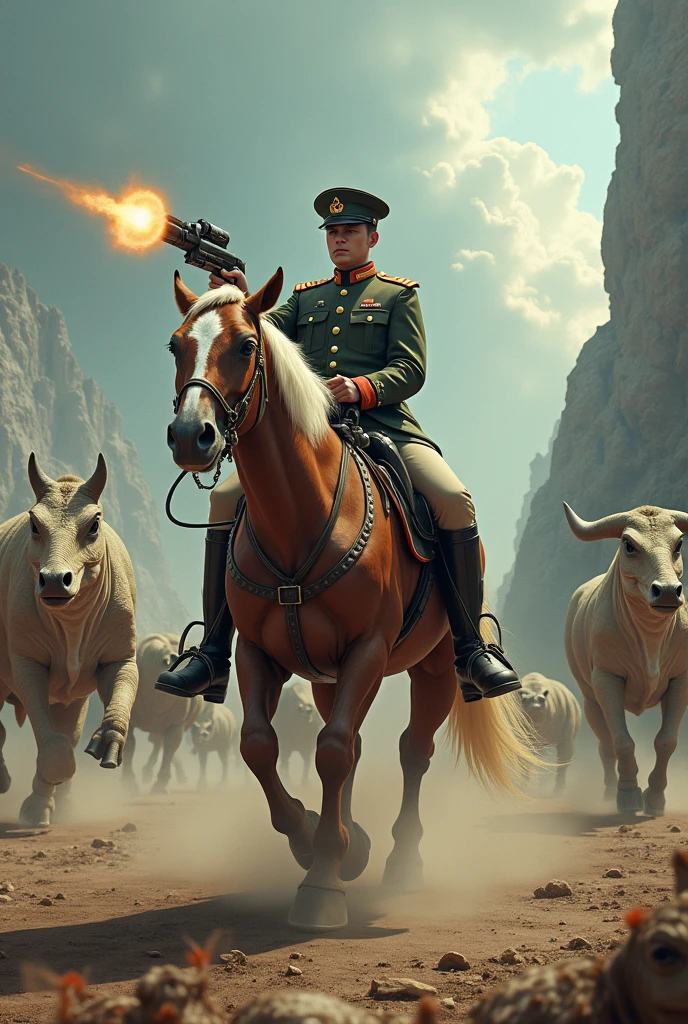 A horse in a military outfit riding a cow while the horse shoots an army of dinosaurs (fantasy)