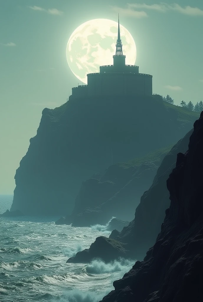 Alcatraz standing on a cliff near the sea during a full moon 