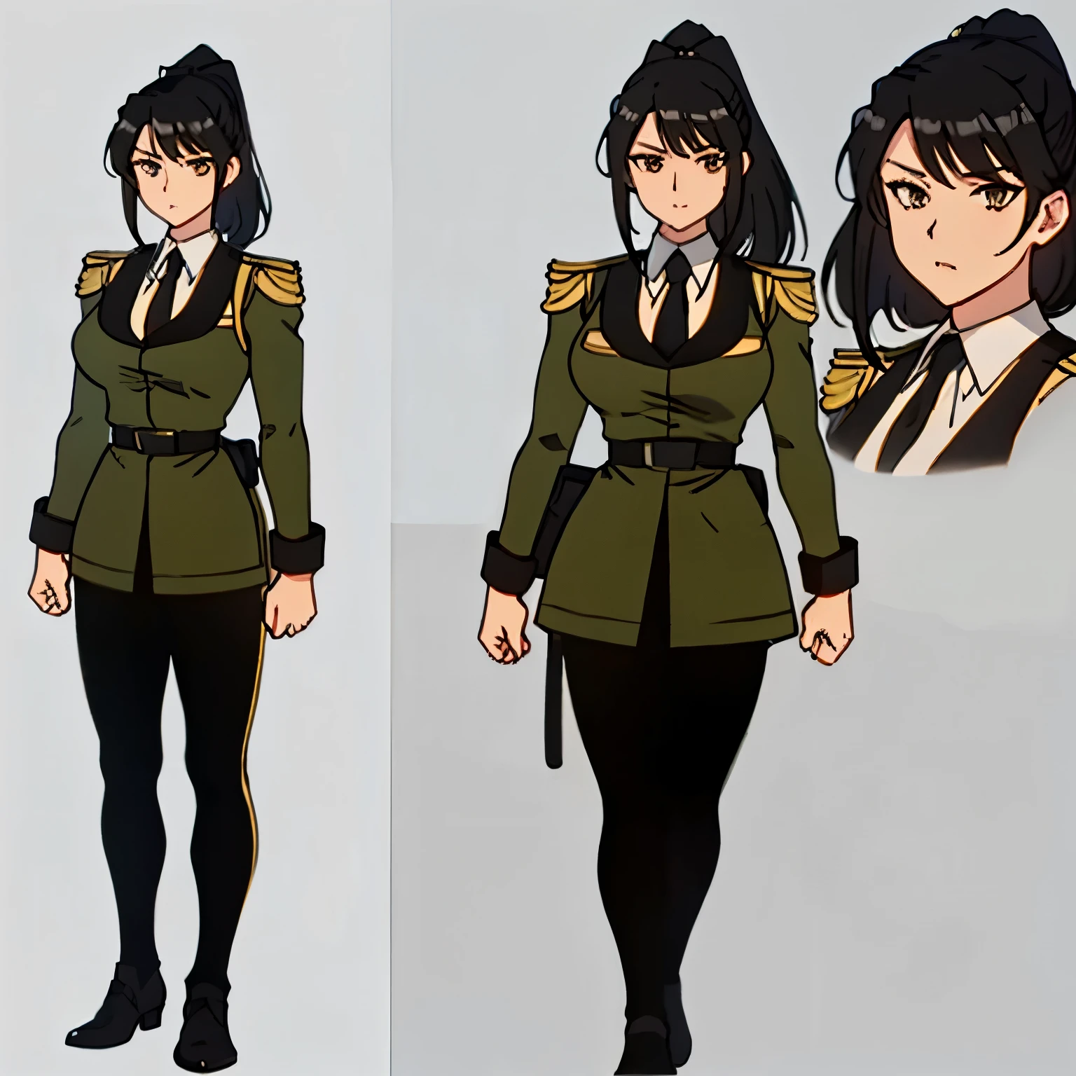 beautiful eyes, beautiful girl, high detail skin, high detail eyes, high detail hair, highres, ultra detailed, sharpen picture, Highly detailed, masterpiece, best quality, photorealistic, gundammilitaryuniform, full body, large breast, huge breast, sae chabashira, long hair, (black hair:1.5), hair ornament, (brown eyes:1.3), ponytail, hairclip, mature, (((full body)))