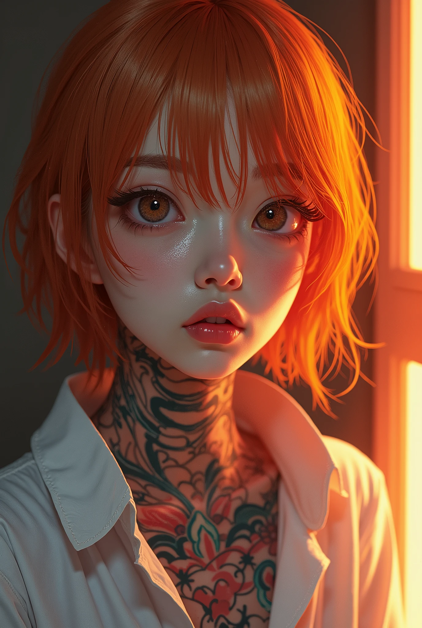 (woman masterpiece, highest quality, best quality, official art , ,delicate and beautiful face, dreamy cold eyes, (((Colorful tattoo))),((Sunset)) , [red lip], (long wrinkled white shirt), (((very delicate and beautiful))) (sitting), expressionless, {( colored_hair_White:0.9_and_orange:0.8)},Warm colours, close up, face portrait, yakuza japanese style tattoos, 