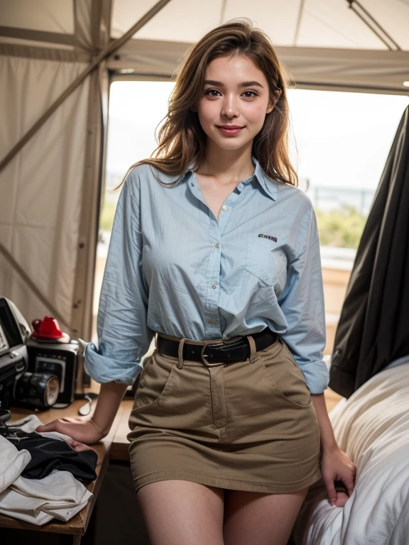 (Best quality, 32k, Raw photo, UHD), lifelike rendering, BREAK
A stunning beautiful European woman, 2, (1girl, solo, 24yo), medium blonde wavy hair, double eyelids, beautiful blue eyes, detailed facial, perfect round medium breasts, (cleavage:0.8), beautiful hand, wide hips, slender legs, soft curves body, glamorous figure, (pale skin:1.2), clean skin, exquisite skin texture, skin pores. BREAK
An adventuress from the '40s, she wears cotton sand-colored shirt, army khaki cotton long skirt, leather belt, army boots. BREAK
She is on the field, in an army tent. BREAK
(wide shot), sharp focus, (from front), (eyes to the camera, looking at the viewer, smile warmly), messy hair, beautiful legs, (corp legs shot), BREAK
highly details, hyper-realistic photo, detailed fabric rendering, (Film grain:1.3), photorealistic, bokeh, realism, 16k