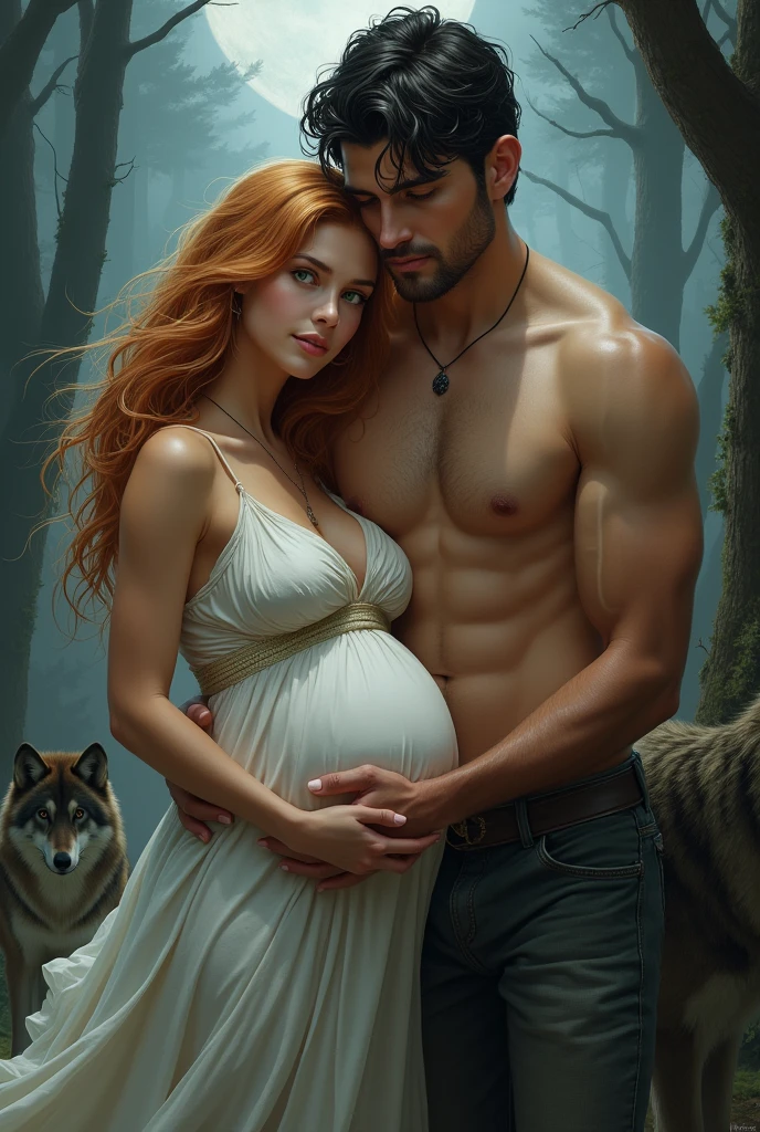 A pregnant woman with long strawberry blonde hair, amber eyes, beautiful in a white dress and next to her a tanned man with short wavy black hair, bright green eyes and a defined body, very handsome alpha male, protective of his mate in a forest at night with wolves around