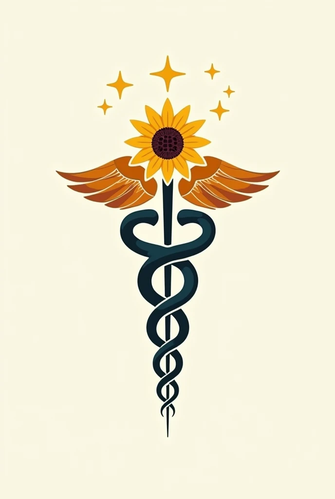 A logo for a medical clinic, mixing the symbol of Hermes&#39; caduceus with sunflower, and the stars along the caduceus in the vertical of the southern cross constellation. vector style, simple colors and shapes, simple strokes, solid colors. The logo must be in 4X4 format, must not be vertical.