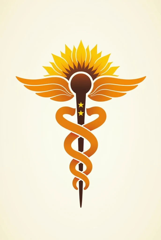 A logo for a medical clinic, mixing the symbol of Hermes' caduceus with sunflower, and the stars along the caduceus in the vertical of the southern cross constellation. vector style, simple colors and shapes, simple strokes, solid colors. The logo must be in 4X4 format, must not be vertical.