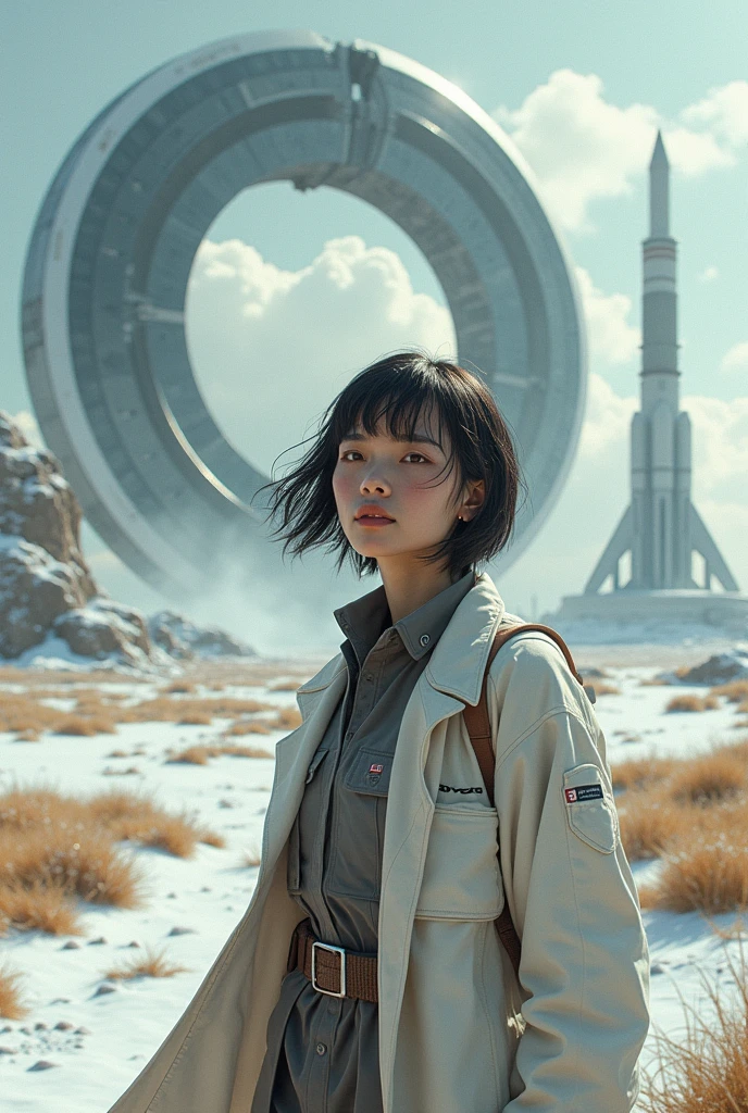 Ring World,Science Fiction,Sci-Fi Movies,Artillery,Long-Range Missiles,Based on the movie Foundation ,Woman,Adult,Protagonist,2,hopeful face,brown eyes,short hairstyle,black hair with white gray,scientist uniform,white researcher coat,open meadow,rebel,chaotic,future world,world of socialism,snow,chaos