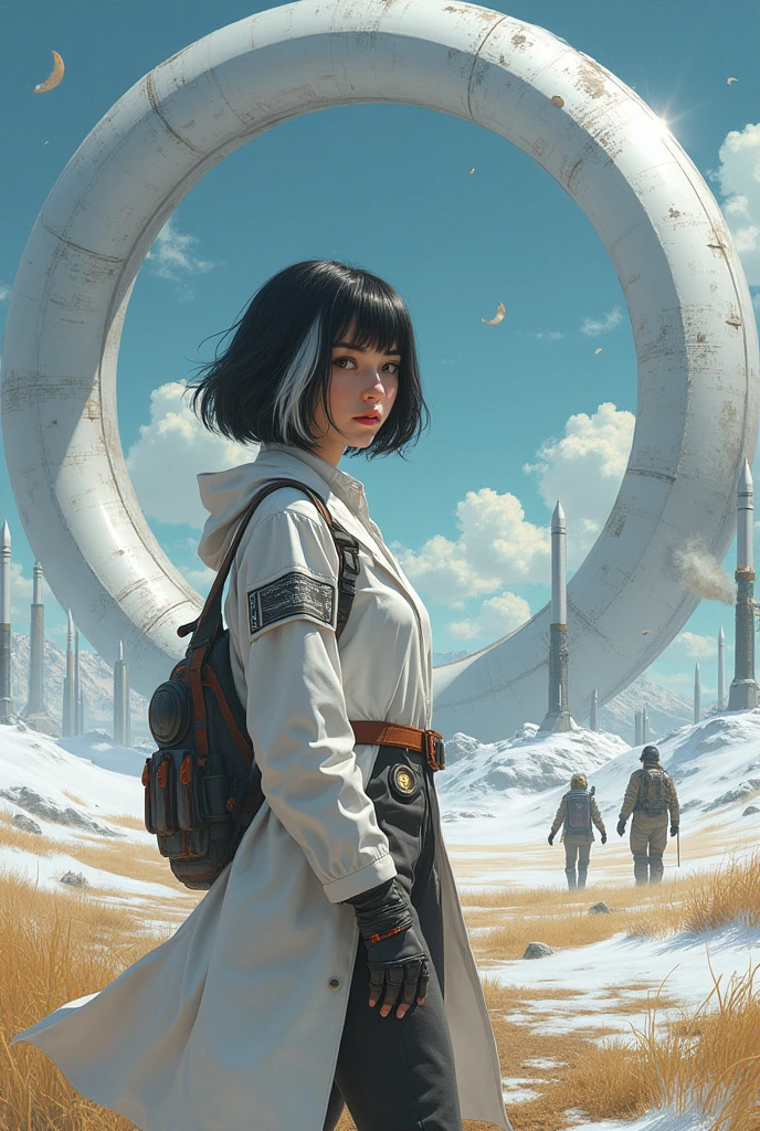 Ring World,Science Fiction,Sci-Fi Movies,Artillery,Long-Range Missiles,Based on the movie Foundation ,Woman,Adult,Protagonist,2,hopeful face,brown eyes,short hairstyle,black hair with white gray,scientist uniform,white researcher coat,open meadow,rebel,chaotic,future world,world of socialism,snow,chaos