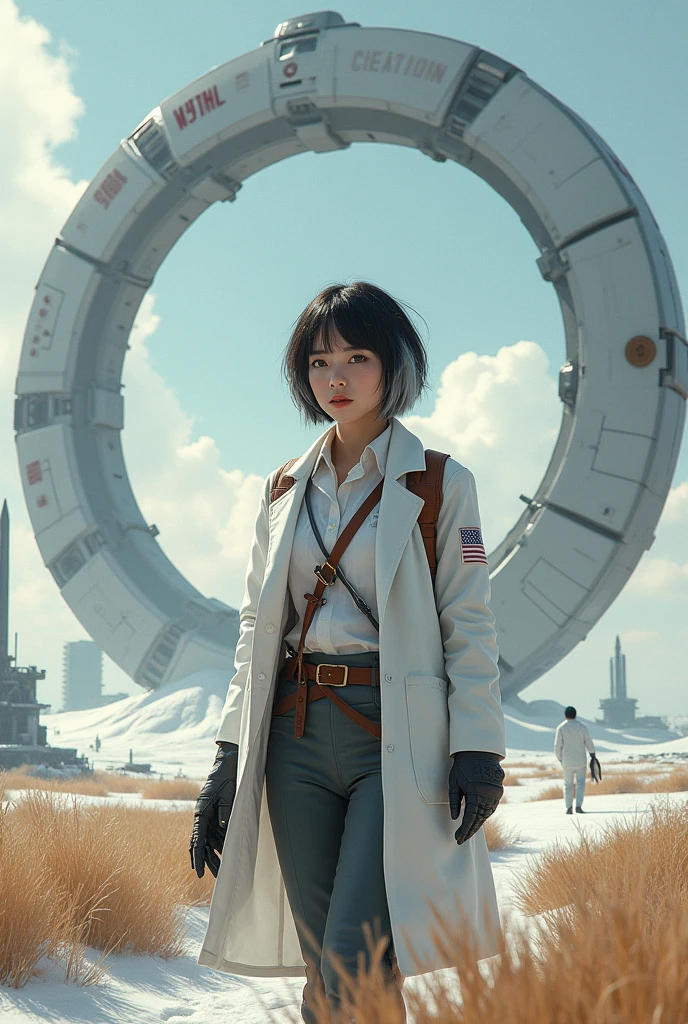 Ring World,Science Fiction,Sci-Fi Movies,Artillery,Long-Range Missiles,Based on the movie Foundation ,Woman,Adult,Protagonist,2,hopeful face,brown eyes,short hairstyle,black hair with white gray,scientist uniform,white researcher coat,open meadow,rebel,chaotic,future world,world of socialism,snow,chaos