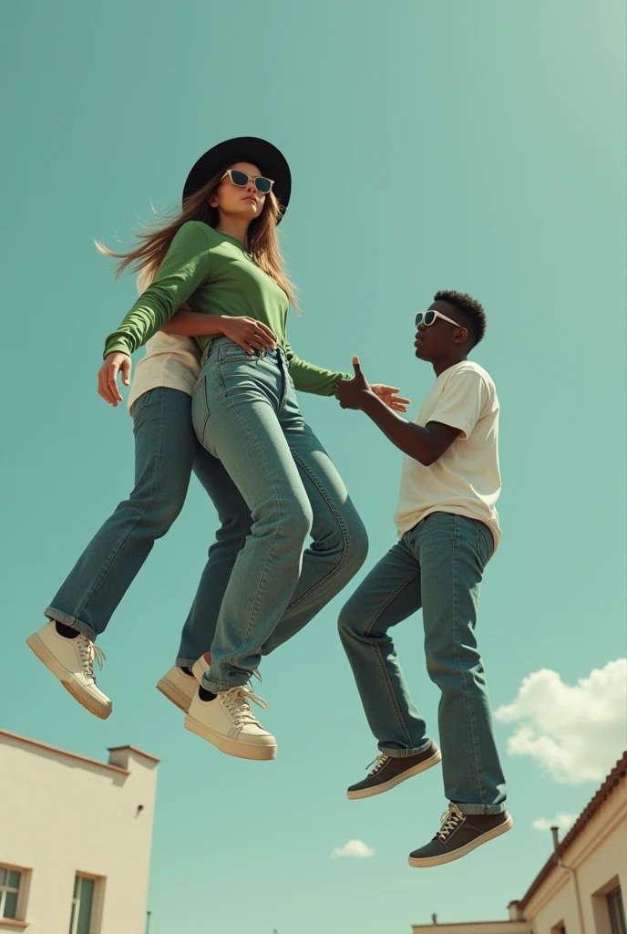 Create a photo of a 30 year old woman, with a slender and beautiful body, a green long-sleeved blouse, a black hat and wearing jeans, with white and clear skin, with long light brown hair wearing sunglasses, as her body is being carried sideways in the air lying down in the arms of two black teenagers, one is holding the feet and the other is holding the hands, with dark black skins, ugly, thin, small, who are wearing prescription glasses and wearing white shirts and jeans in a square 