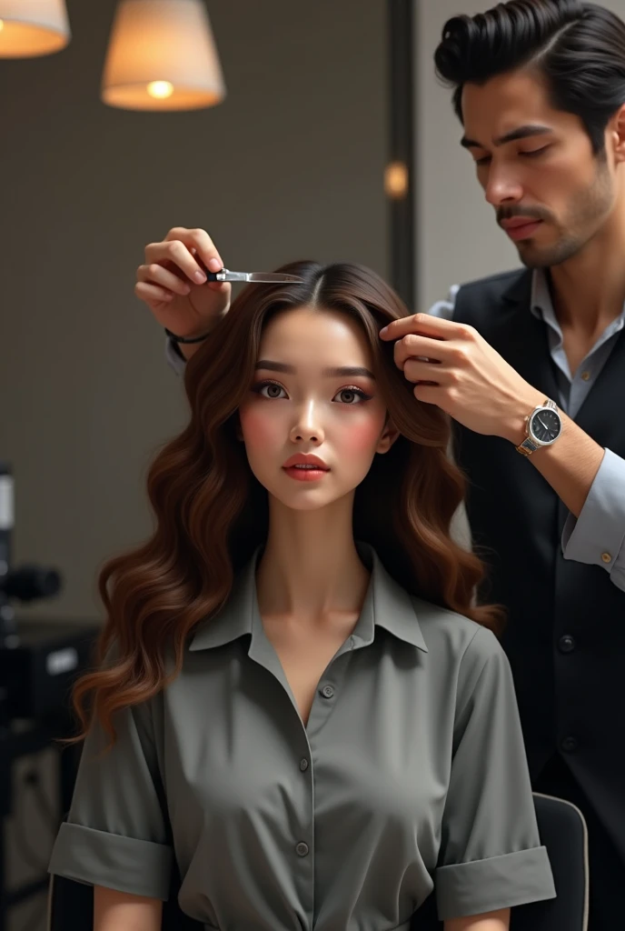 Make a picture of a salon girl where a man dyes her hair.
Age 28 years.