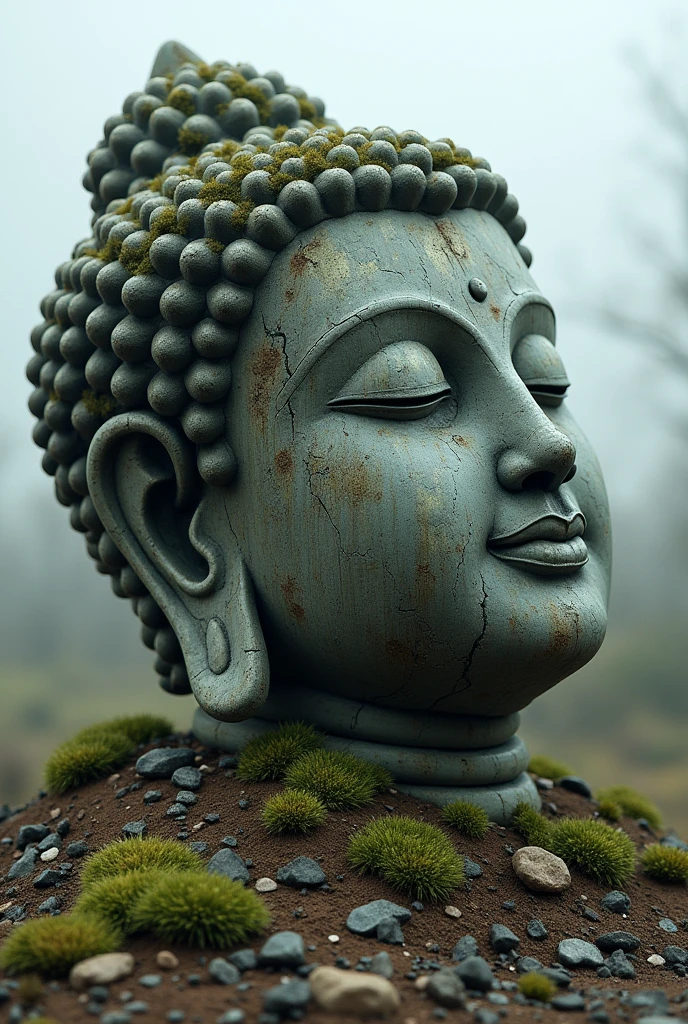 masterpiece、 Highest quality, Highest quality, Highly detailed、8k、 High resolution,wasteland、  The upper half of a decaying headless Buddha statue、Fallen Head、Missing body、crack、Moss、weathered、Don&#39;t stop the prototype、