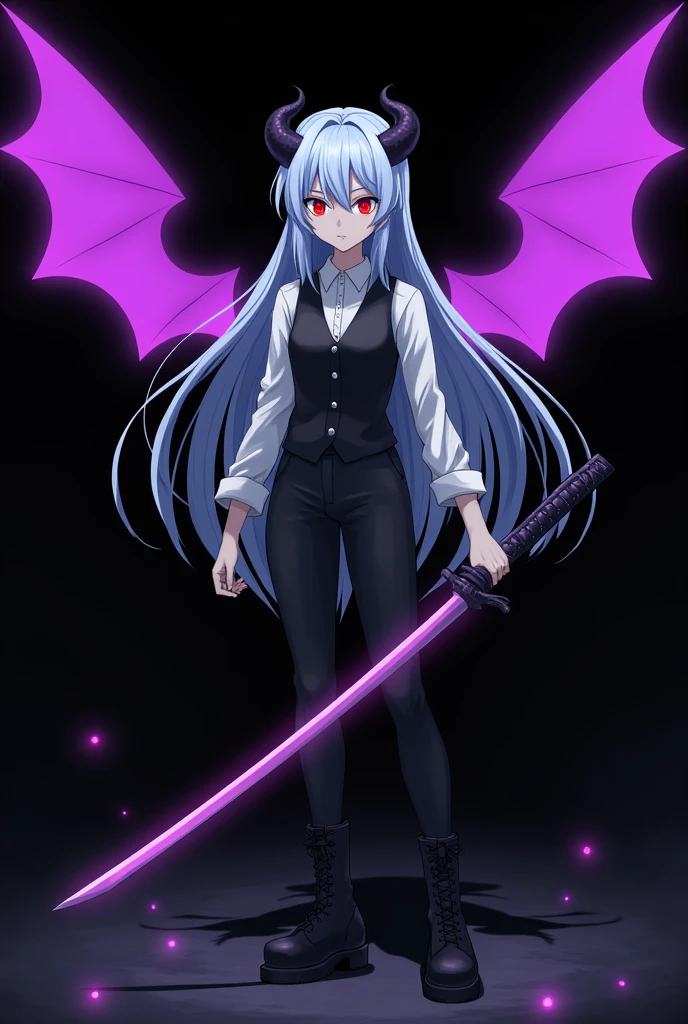 More mature anime style image. An image with a black background and some purple details. a teenage girl, with long light blue hair and red eyes that gave off a kind of glow, wore a white dress shirt rolled up to the elbows and a vest, black pants and black boots. Small black horns came out of her hair, his skin had a gray tint. A human image, but still diabolical. A dark aura around him ready to kill at any moment along with his serious expression. He used a katana that emanated a dark purple glow around him.. There was a strange glow behind him that gave the shape of purple wings..