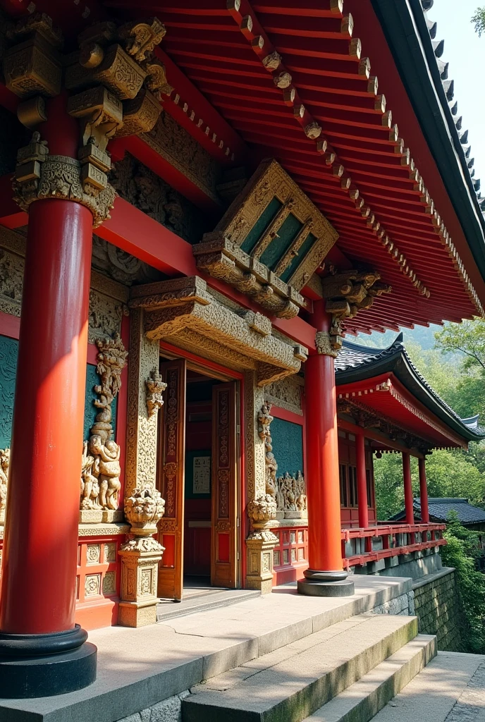 Depicts the sculptures and decorations around the main hall of Fushimi Inari Taisha Shrine。On the outer wall of the main hall、The detailed carvings are、It creates a sacred atmosphere。The sculptures depict scenes from myths and legends.、It has an intricate design。Also、The decoration is beautifully decorated with gold and red.、It creates a luxurious and mysterious atmosphere.。In harmony with the surrounding nature、It offers a quiet and solemn atmosphere