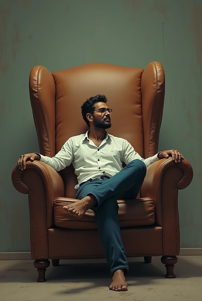 A man is sitting on chair in big size and his leg is one leg on another leg who name is (ritesh)